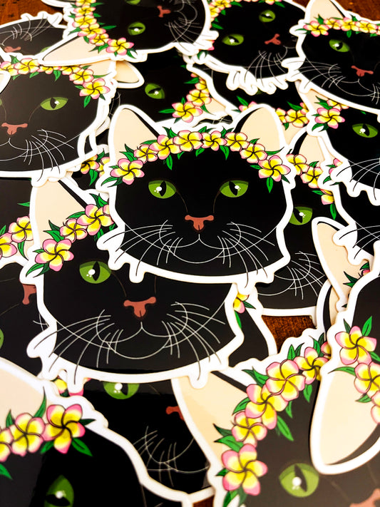 Black Cat with Lei Sticker